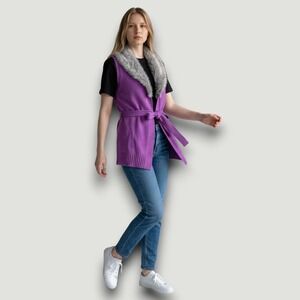 True Freedom Womens Cardigan Vest S Purple Sleeveless Casual Boho Fur Belted